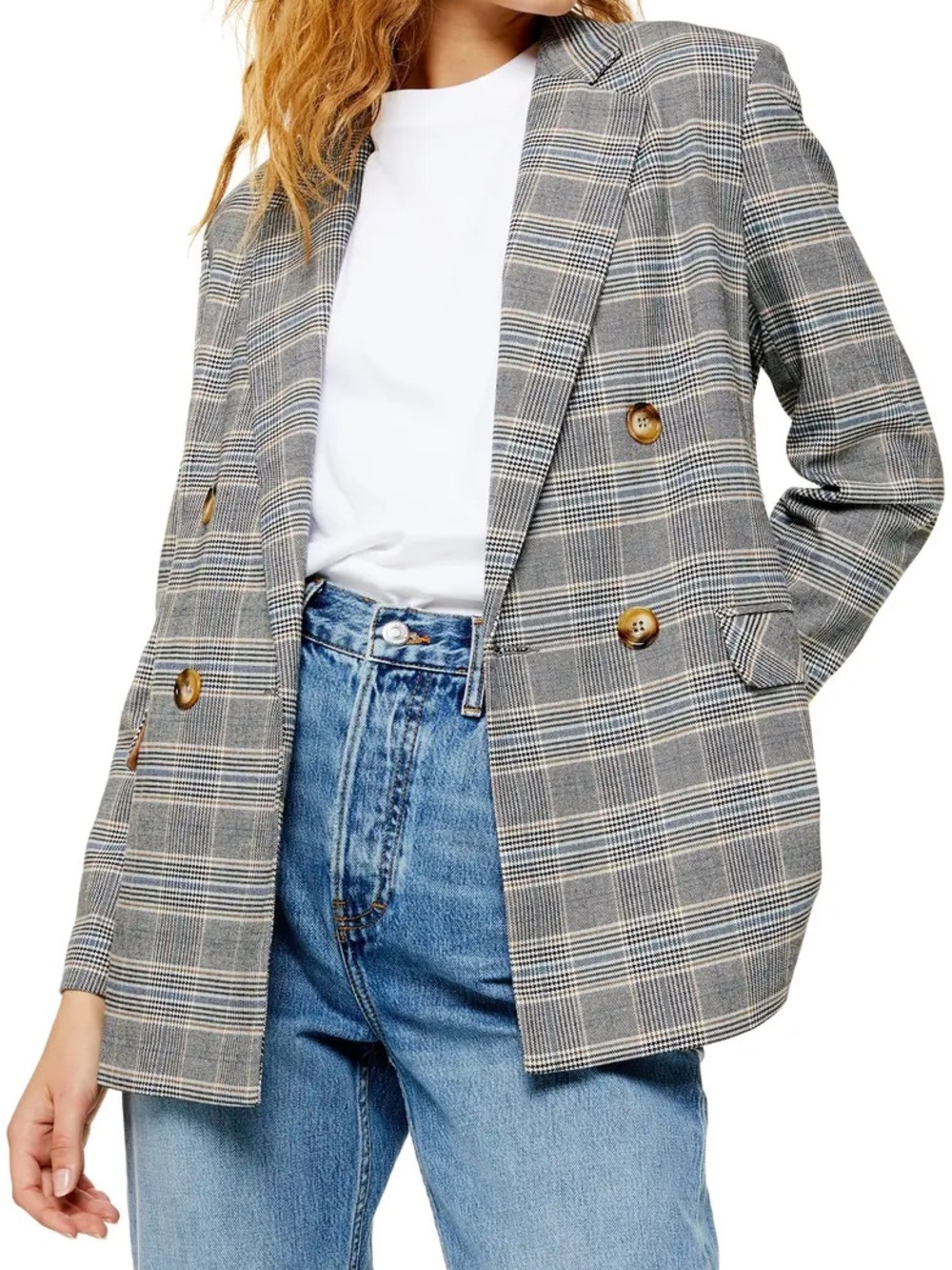 Topshop Double-Breasted Plaid Blazer Grey